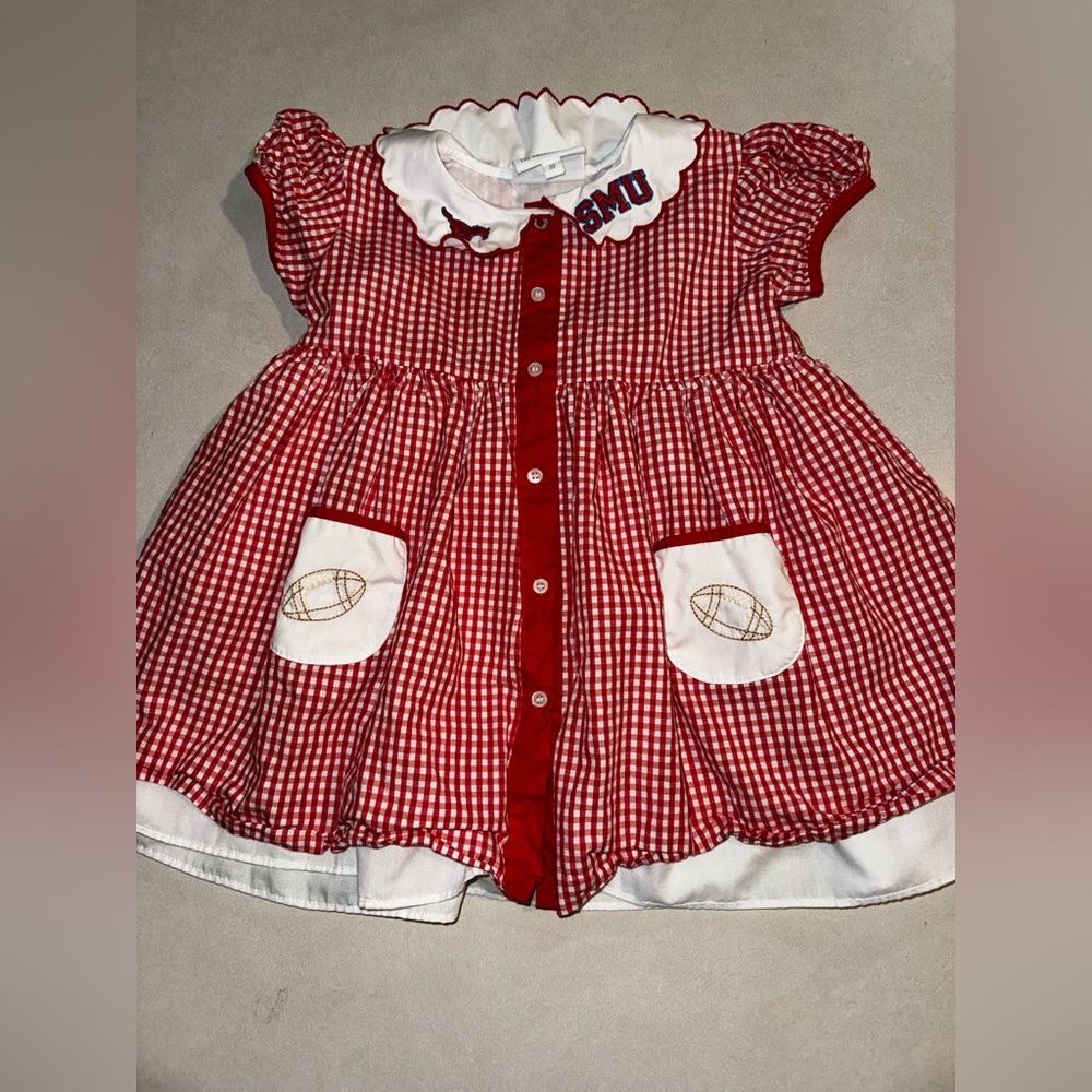 The Proper Peony SMU Mustangs Kids Gingham Dress 3T Red White Embroidered